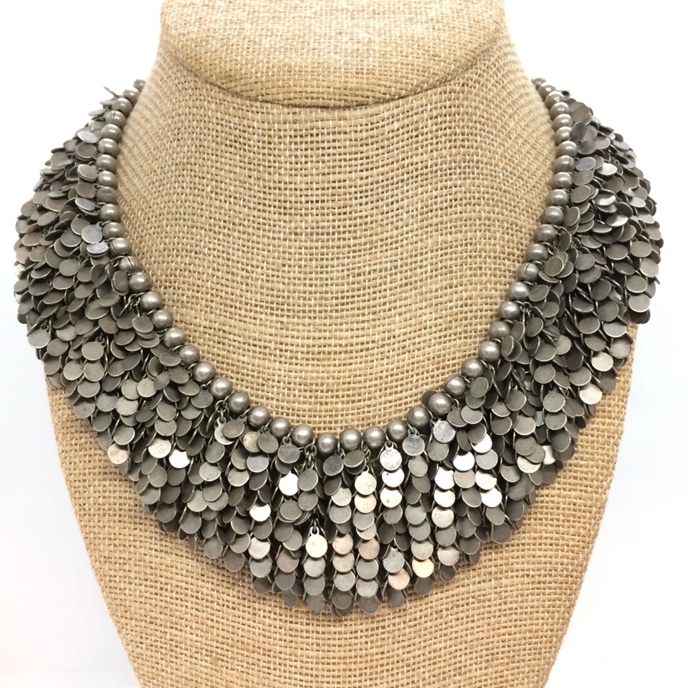 KIEN NECKLACE BIB COLLAR SILVER TONE MODERNIST MERMAID SCALE METAL STATEMENT